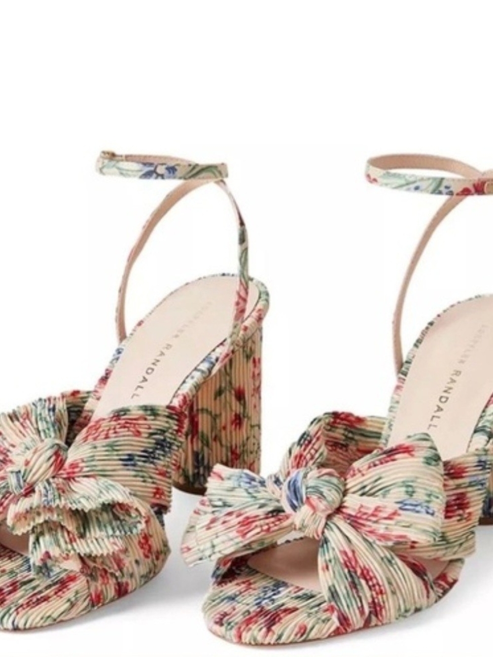Loeffler Randall Floral Knot Ankle-Strap Heels in Tan Vine Floral